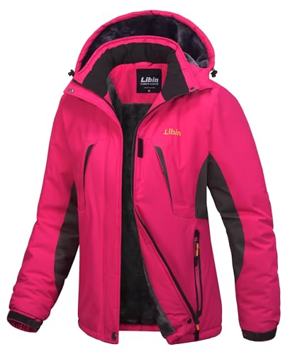 Libin Damen Winterjacke Wasserdicht Outdoor Softshelljacken Skijacke Winddicht Wanderjacke Snowboardjacke Thermojacke Gefüttert Fleecejacke Funktionsjacke Winter Jacket Rosa L von Libin