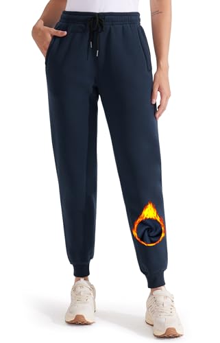 Libin Gefütterte Jogginghose Damen Warme Fleecehose Sporthose Trainingshose Sweatpants Laufhose mit Reißverschluss Taschen für Winter Herbst Marineblau L von Libin