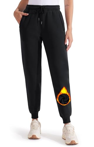 Libin Warme Jogginghose Damen Gefütterte Thermo Sporthose Winter Trainingshose Sweatpants Laufhose Yoga Hosen mit Reißverschluss Taschen Schwarz XL von Libin