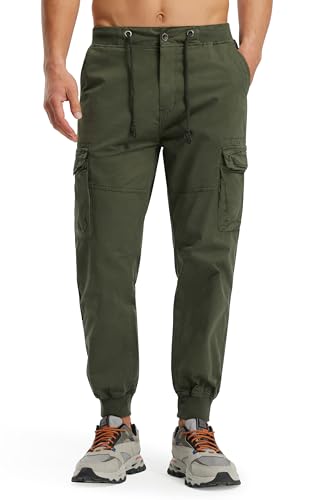 Libin Herren Cargohose - Komfort Freizeithose Baumwolle Baggy Jogginghose mit 6 Taschen, Streetwear Wander Freizeit Reise,Military Green,Groß von Libin