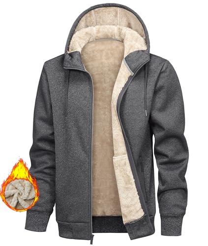 Libin Herren Kapuzenjacke mit Fleece Sport Fleecejacke Sweatshirt Kapuzenpullover Hoodie mit Reißverschluss Gefütterte Warm Winterjacke, Dunkelgrau, L von Libin