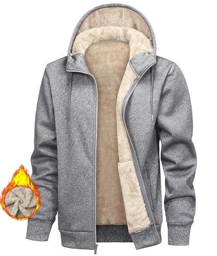 Libin Herren Kapuzenjacke mit Fleece Sport Fleecejacke Sweatshirt Kapuzenpullover Hoodie mit Reißverschluss Gefütterte Warm Winterjacke, Grau, L von Libin