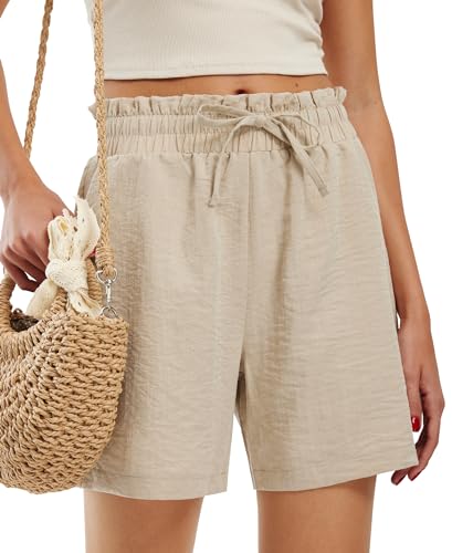 Libin Kurze Hose Damen Baumwolle Leinen Imitiert Shorts Sommer Strandshorts High Waist Kordelzug Freizeit Shorts mit Taschen Beige S von Libin