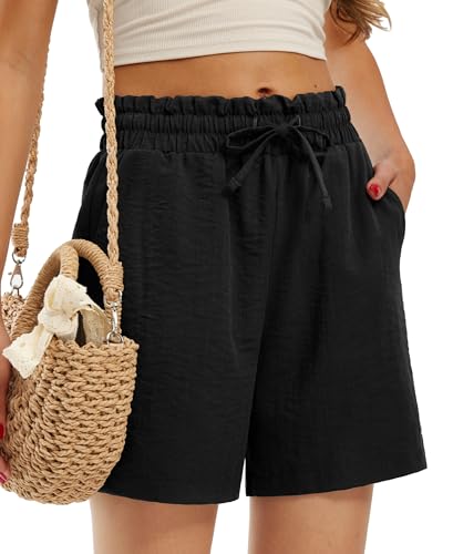 Libin Kurze Hose Damen Leinen Imitiert Shorts Sommer Strandshorts High Waist Kordelzug Freizeit Shorts mit Taschen Schwarz S von Libin