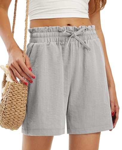 Libin Kurze Hose Damen Leinen Imitiert Shorts Sommer Strandshorts High Waist Kordelzug Freizeit Shorts mit Taschen Hellgrau XL von Libin