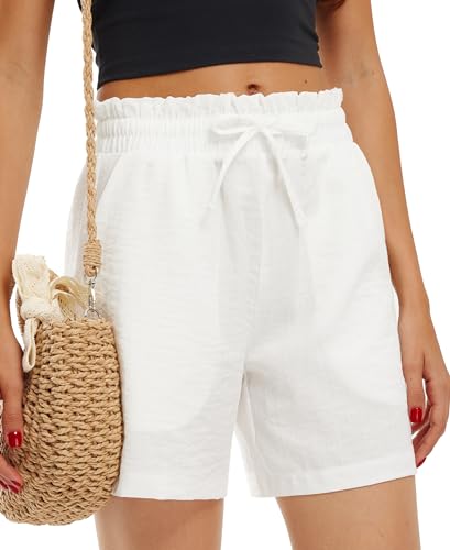 Libin Kurze Hose Damen Leinen Imitiert Shorts Sommer Strandshorts High Waist Kordelzug Freizeit Shorts mit Taschen Weiß XL von Libin