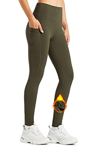 Libin Thermo Leggings Damen Winter Warm Thermoleggins Laufhose High Waist Wasserabweisend Thermohose Sportleggins Damen Lang mit Taschen, Armeegrün, XS von Libin