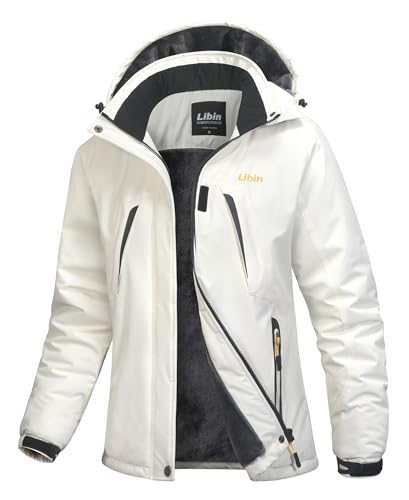 Libin Softshelljacke für Damen Warme Winterjacke Wasserdicht Winddichte Gefütterte Thermojacke Snowboardjacke Wanderjacke Übergangsjacke Funktionsjacke mit Kapuze Weiß M von Libin