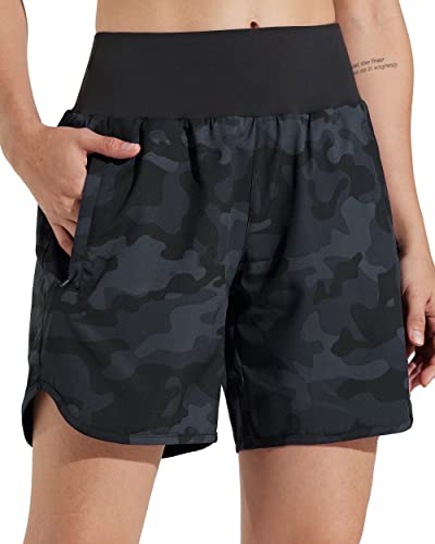 Libin Sport Shorts Damen 5'' Sommer Laufshorts mit Liner Schnelltrocknende Running Jogging Workout Fitness Laufhose Kurz mit Reißverschlusstaschen,Camo Schwarz L von Libin