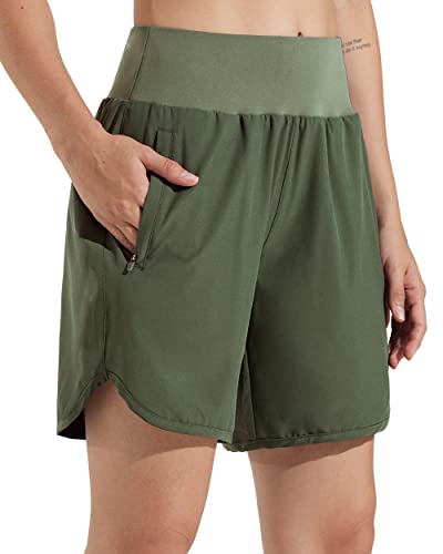 Libin Sporthose Damen Kurz 7'' Sport Shorts Laufhosen Atmungsaktiv mit Liner Sommer Hohe Taille Laufshort Running Jogging Kurze Hose, Armeegrün M von Libin