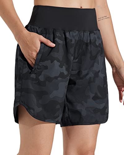 Libin Sporthose Damen Kurz 7'' Sport Shorts Laufhosen Atmungsaktiv mit Liner Sommer Hohe Taille Laufshort Running Jogging Kurze Hose,Camo Schwarz L von Libin