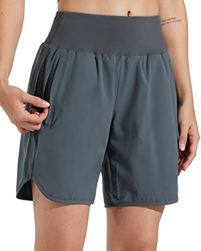 Libin Sporthose Damen Kurz 7'' Sport Shorts Laufhosen Atmungsaktiv mit Liner Sommer Hohe Taille Laufshort Running Jogging Kurze Hose,Dunkelgrau XS von Libin