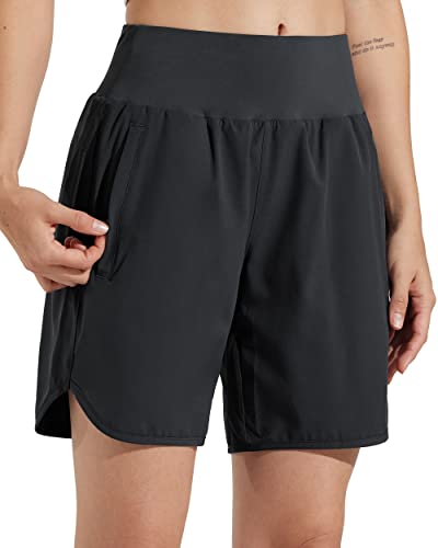 Libin Sporthose Damen Kurz 7'' Sport Shorts Laufhosen Atmungsaktiv mit Liner Sommer Hohe Taille Laufshort Running Jogging Kurze Hose,Schwarz XS von Libin