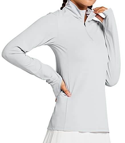 Libin UV Shirt Damen Langarm UPF 50+ Schutzkleidung Half Zip Golf Sport Oberteile Uv-Schutz Poloshirt Leicht Sommer Funktionsshirt für Outdoor Laufen Wandern Hellgrau XL von Libin