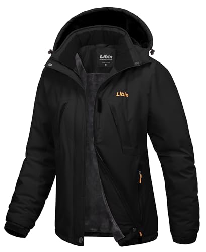 Libin Winterjacke Damen Skijacke Snowboardjacke Warme Gefüttert Fleecejacke Winddicht Outdoorjacke Winter Jacket mit Abnehmbarer Kapuze Softshell Funktionsjacke Schwarz M von Libin
