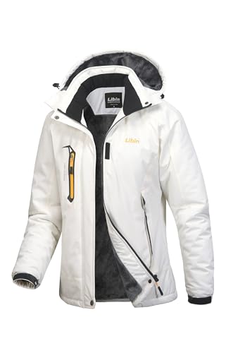 Libin Winterjacke Damen Warm Gefüttert Skijacke Outdoorjacke Damen Wasserdicht Atmungsaktiv Wanderjacke Übergangsjacke Reitjacke mit Abnehmbarer Kapuze und Reißverschlusstaschen Weiß, L von Libin