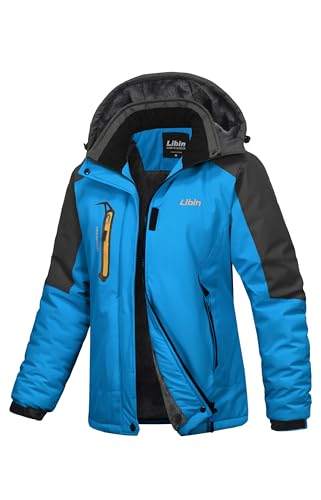 Libin Winterjacke Damen Warm Skijacke Outdoor Sportjacke Wanderjacke Damen Wasserdicht Atmungsaktiv Fleece Dicke Gefüttert Übergangsjacke Reitjacke mit Abnehmbarer Kapuze Blau, M von Libin