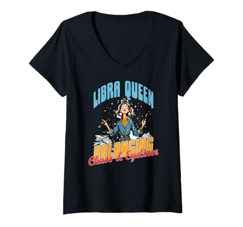 Damen Libra Queen Balancing Chaos and Eyeliner T-Shirt mit V-Ausschnitt Damen Libra Queen Balancing Chaos and Eyeliner T-Shirt mit V-Ausschnitt von Libra queen Balancing Eyeliner Side Zodiac