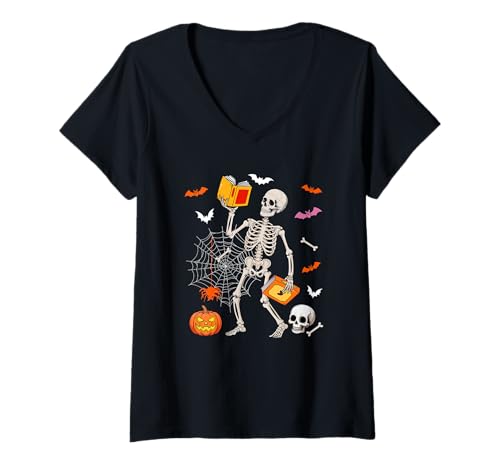 Damen Bibliothekar Job Horror Skelett Halloween Kostüm Team T-Shirt mit V-Ausschnitt Damen Bibliothekar Job Horror Skelett Halloween Kostüm Team T-Shirt mit V-Ausschnitt von Librarian Halloween Costume
