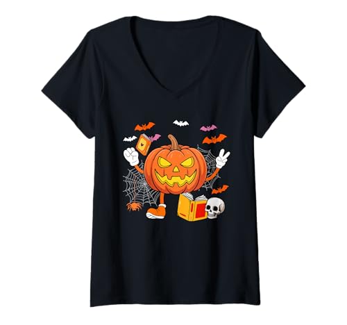 Damen Bibliothekar Job Horror geschnitzter Kürbis Halloween Kostüm Team T-Shirt mit V-Ausschnitt Damen Bibliothekar Job Horror geschnitzter Kürbis Halloween Kostüm Team T-Shirt mit V-Ausschnitt von Librarian Halloween Costume