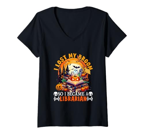 Damen Lost Broom So I Became A Librarian Halloween Witch Lover T-Shirt mit V-Ausschnitt Damen Lost Broom So I Became A Librarian Halloween Witch Lover T-Shirt mit V-Ausschnitt von Librarian Halloween Costume