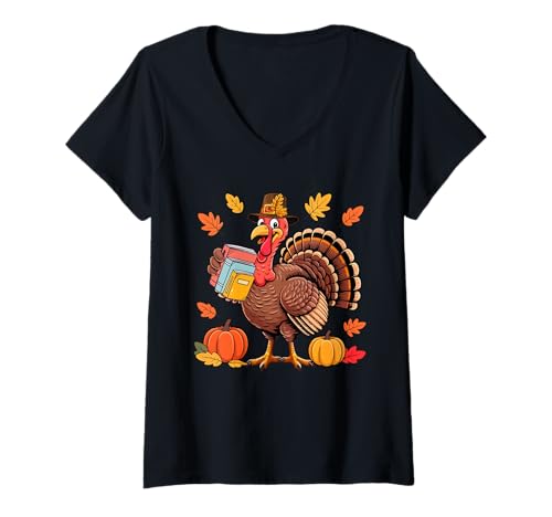 Damen Bibliothekar Job Thanksgiving Truthahn Herbst Blätter Kürbisse T-Shirt mit V-Ausschnitt Damen Bibliothekar Job Thanksgiving Truthahn Herbst Blätter Kürbisse T-Shirt mit V-Ausschnitt von Librarian Thanksgiving Costume