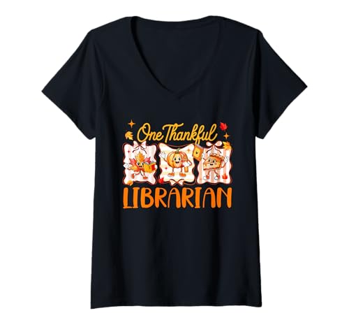 Damen One Thankful Librarian Thanksgiving Herbstblätter Kürbiskuchen T-Shirt mit V-Ausschnitt Damen One Thankful Librarian Thanksgiving Herbstblätter Kürbiskuchen T-Shirt mit V-Ausschnitt von Librarian Thanksgiving Costume