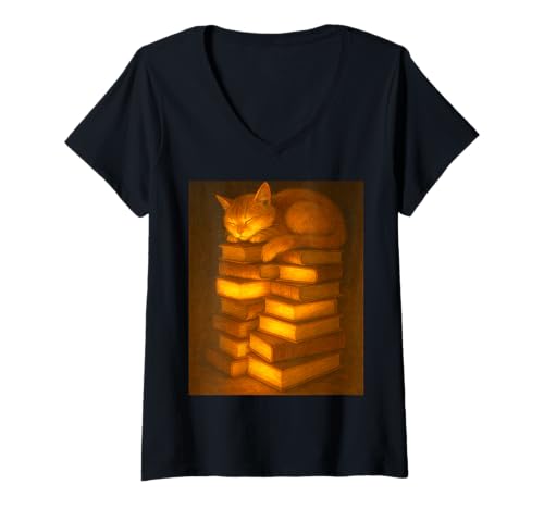 Damen Niedliche Katze schläft gemütlich auf Büchern Kunstwerk T-Shirt mit V-Ausschnitt von Library Dreams