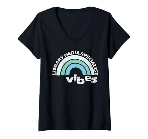 Damen Schulbibliothekar Appreciation Vibes Library Medienspezialist T-Shirt mit V-Ausschnitt von Library Media Specialist Outfit For Librarians