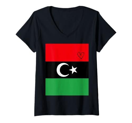 Damen Libyen-Flagge, libysches Herz, stolzer Nationalfeiertag T-Shirt mit V-Ausschnitt Damen Libyen-Flagge, libysches Herz, stolzer Nationalfeiertag T-Shirt mit V-Ausschnitt von Libya Flag Libyan Proud National Day Gifts Idea