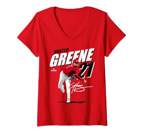 Damen Hunter Greene | Cincinnati MLB Baseballspieler | MLBHGR204M T-Shirt mit V-Ausschnitt von License Champs