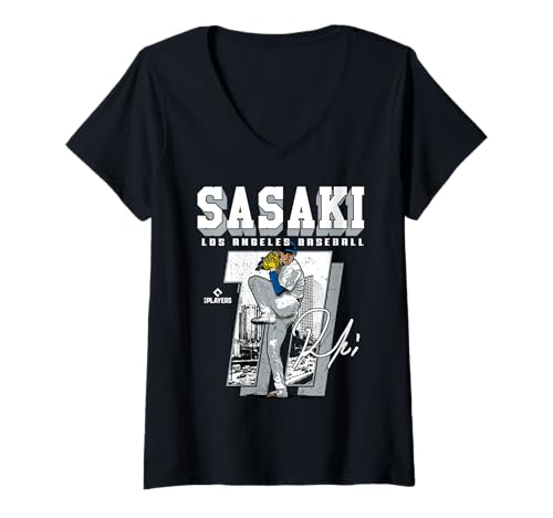 Damen Roki Sasaki MLBROS201M Baseballspieler Los Angeles D MLB T-Shirt mit V-Ausschnitt von License Champs