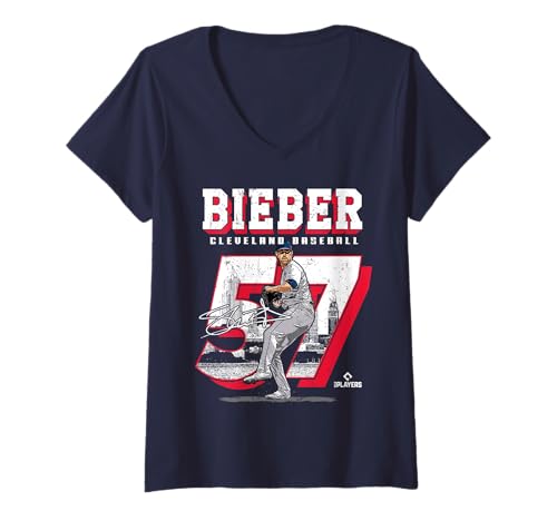 Damen Shane Bieber | Cleveland MLB Baseballspieler | MLBSBI204M T-Shirt mit V-Ausschnitt von License Champs