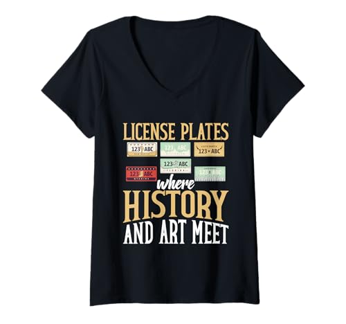 Damen Kennzeichen-Sammelgeschichte Nummernschildsammler T-Shirt mit V-Ausschnitt von License Plate Collecting Outfit For Collectors