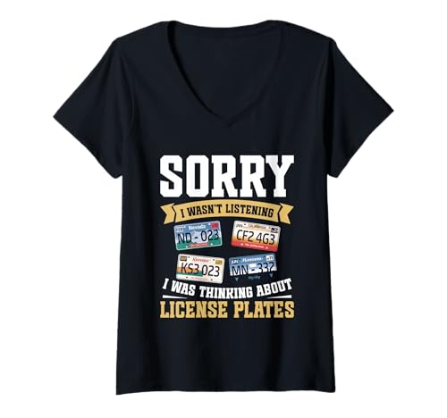 Damen Nummernschildsammeln Denken Nummernschildsammeln T-Shirt mit V-Ausschnitt Damen Nummernschildsammeln Denken Nummernschildsammeln T-Shirt mit V-Ausschnitt von License Plate Collecting Outfit For Collectors