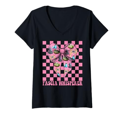 Damen Faszienflüsterer Massagetherapeutin Massagetherapie Mädchen Mama T-Shirt mit V-Ausschnitt von Licensed Massage Therapist Pink Coquette Bow Gifts