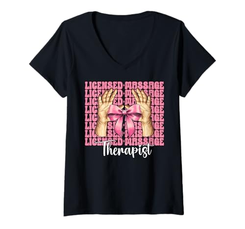 Damen Lizenzierte Massagetherapeutin Massagetherapie Mädchen Mama Kokette T-Shirt mit V-Ausschnitt von Licensed Massage Therapist Pink Coquette Bow Gifts