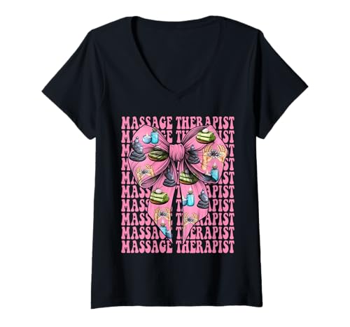 Damen Massagetherapeutin Massagetherapie Mädchen Mama Kokette Bogen T-Shirt mit V-Ausschnitt von Licensed Massage Therapist Pink Coquette Bow Gifts