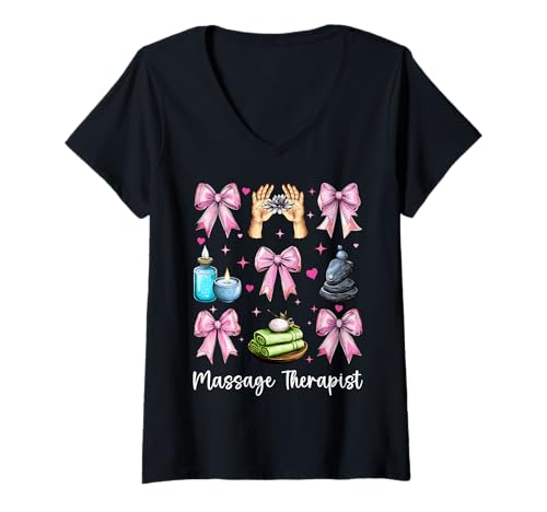 Damen Massagetherapeutin Massagetherapie Mädchen Mama Kokette Bogen T-Shirt mit V-Ausschnitt von Licensed Massage Therapist Pink Coquette Bow Gifts