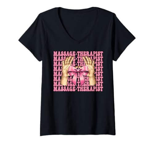 Damen Massagetherapeutin Massagetherapie Mädchen Mama Kokette Bogen T-Shirt mit V-Ausschnitt von Licensed Massage Therapist Pink Coquette Bow Gifts
