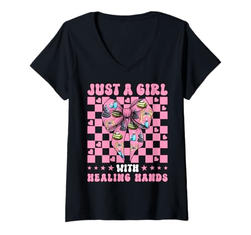 Damen Massagetherapeutin Therapie Just A Girl with Healing Hands T-Shirt mit V-Ausschnitt von Licensed Massage Therapist Pink Coquette Bow Gifts