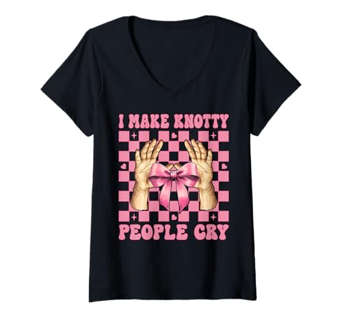Damen Massagetherapeutin Therapie Mädchen Mama I Make Knotty People Cry T-Shirt mit V-Ausschnitt von Licensed Massage Therapist Pink Coquette Bow Gifts