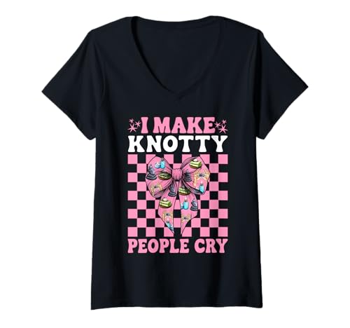 Damen Massagetherapeutin Therapie Mädchen Mama I Make Knotty People Cry T-Shirt mit V-Ausschnitt von Licensed Massage Therapist Pink Coquette Bow Gifts