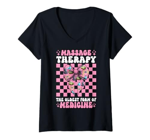 Damen Massagetherapie Älteste Form der Medizin Massagetherapeut T-Shirt mit V-Ausschnitt von Licensed Massage Therapist Pink Coquette Bow Gifts