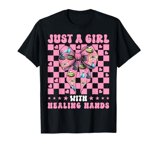 Massagetherapeutin Therapie Just A Girl with Healing Hands T-Shirt von Licensed Massage Therapist Pink Coquette Bow Gifts
