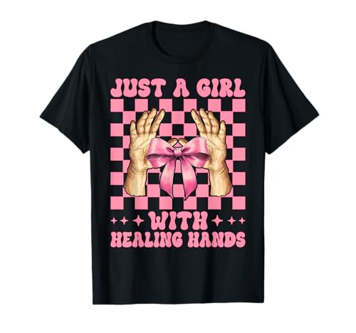 Massagetherapeutin Therapie Just A Girl with Healing Hands T-Shirt von Licensed Massage Therapist Pink Coquette Bow Gifts