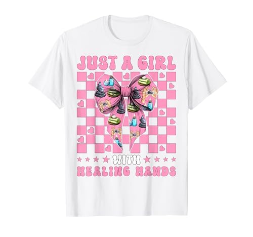Massagetherapeutin Therapie Just A Girl with Healing Hands T-Shirt von Licensed Massage Therapist Pink Coquette Bow Gifts
