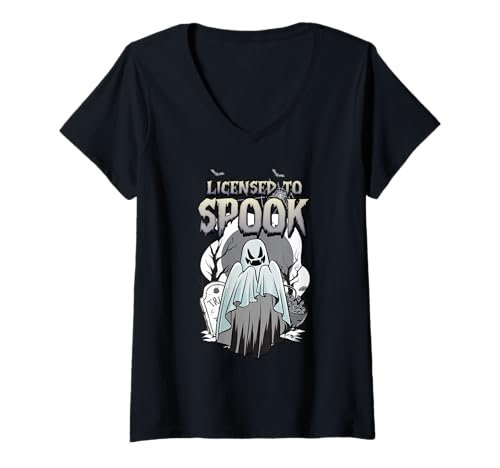 Damen Lizenziertes Halloween-Kostüm für Halloween, Herbstgeister T-Shirt mit V-Ausschnitt Damen Lizenziertes Halloween-Kostüm für Halloween, Herbstgeister T-Shirt mit V-Ausschnitt von Licensed To Spook