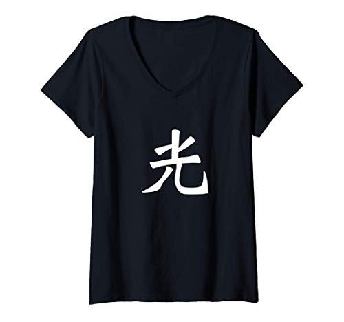 Damen Altes japanisches Zeichen für "Licht". Kanji-Kalligraphie T-Shirt mit V-Ausschnitt Damen Altes japanisches Zeichen für "Licht". Kanji-Kalligraphie T-Shirt mit V-Ausschnitt von Licht im alten japanischen Kalligraphiecharakter