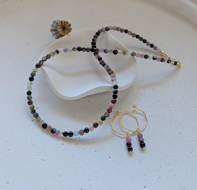 Kette Turmalin Bunt, Edelstein Kurz, Ohrringe Turmalin, Heilstein Kette, Yoga Schmuck, Meditation Geschenkidee Für Frauen von LichtmomentbyAna